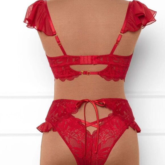 New Mentionables Red Lace Mesh Keyhole Bralette & High Leg Crotchless Panty Smal - Picture 2 of 14